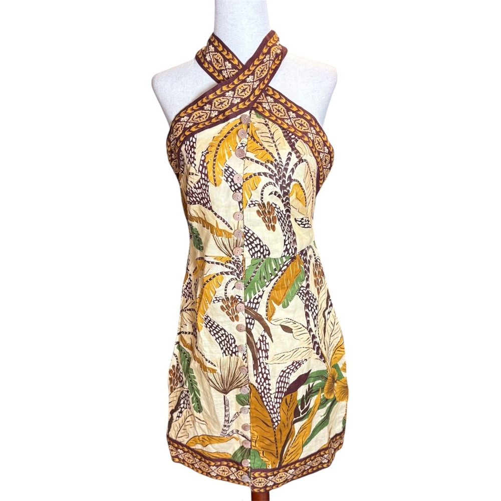 Farm Rio Foliage Sketch Sand Halter Neck Mini Dress Linen Tropical Medium New - Picture 2 of 10